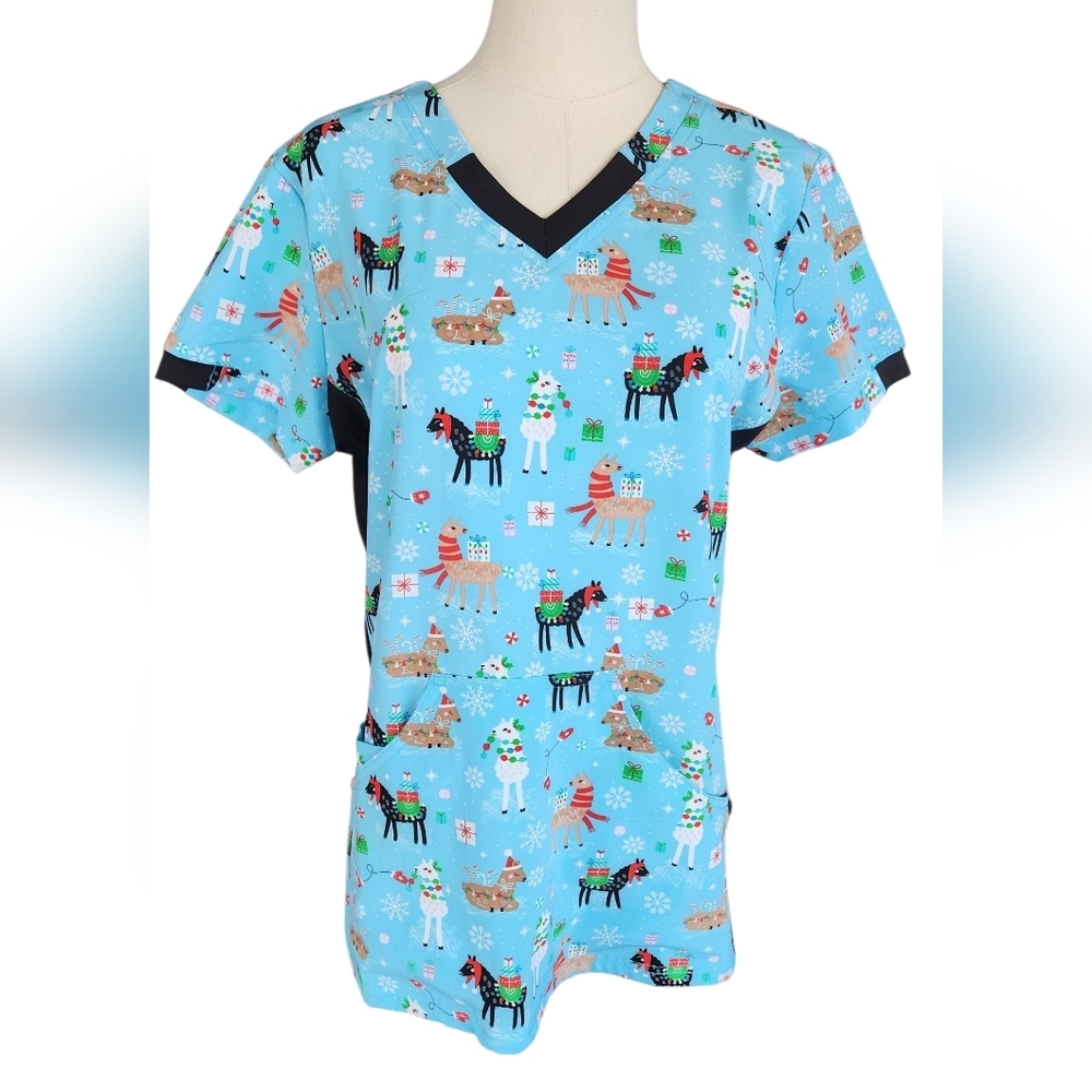 NWOT Scrubletics Christmas Llama Scrub Top
